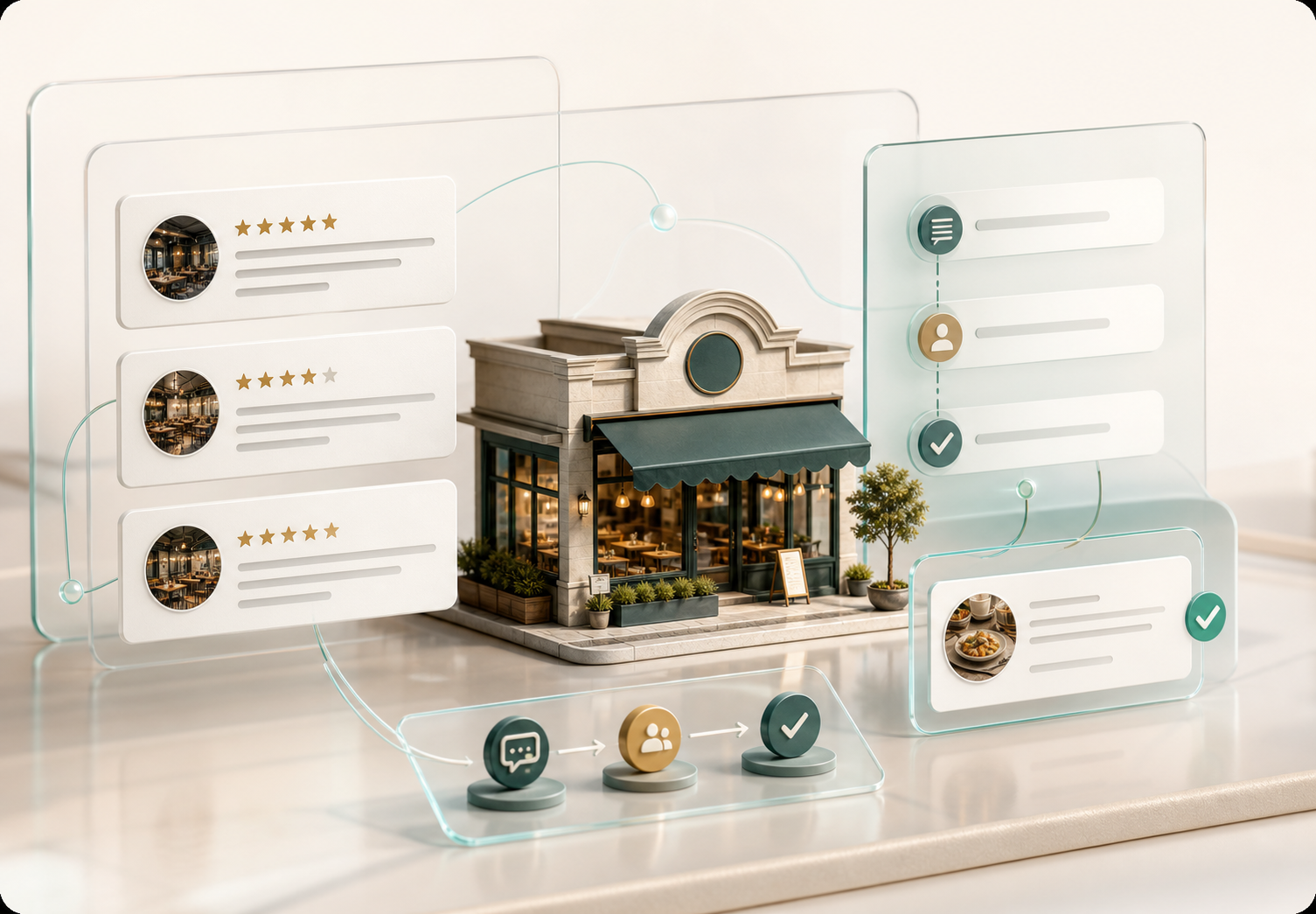 A premium illustration of a local restaurant surrounded by review cards and approval workflow panels